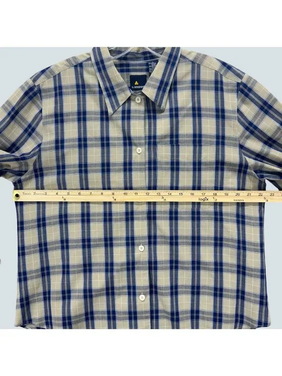 Lizsport Womens Beige & Blue Plaid Cotton Blend Button-Up Shirt Size L - Picture 6 of 8